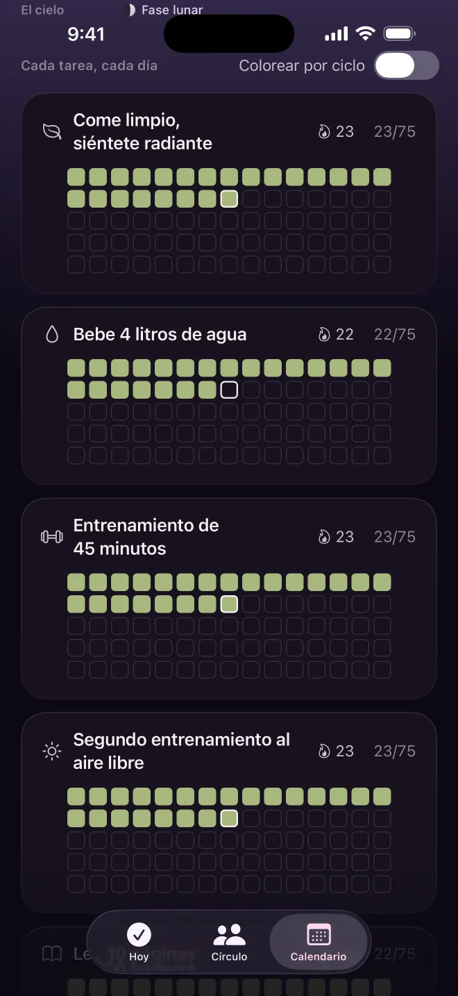Calendario con una cuadrícula de 75 días por tarea
