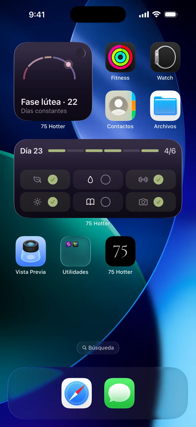 Widgets de 75 Hotter en la pantalla de inicio del iPhone